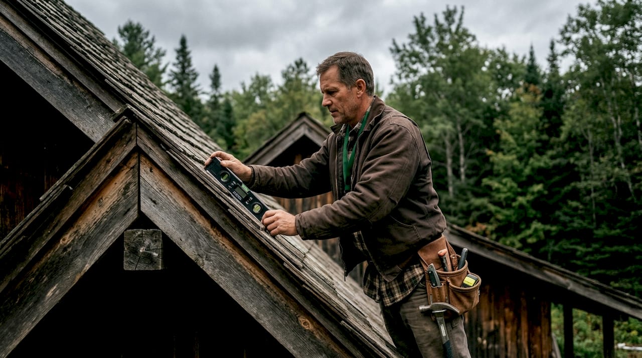 Foreman measuring roof pitch on home exterior