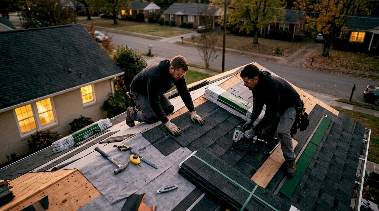 Residential roof replacement work at dusk
