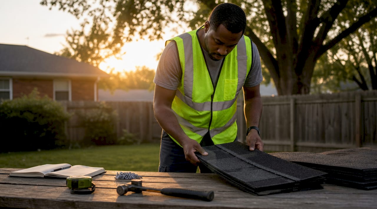 Roofer inspecting shingles and nails
