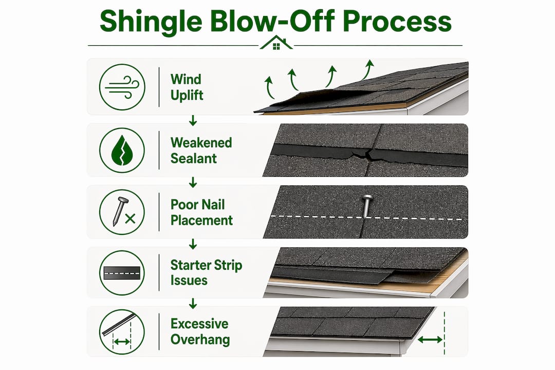Infographic illustrating stages of shingle blow off