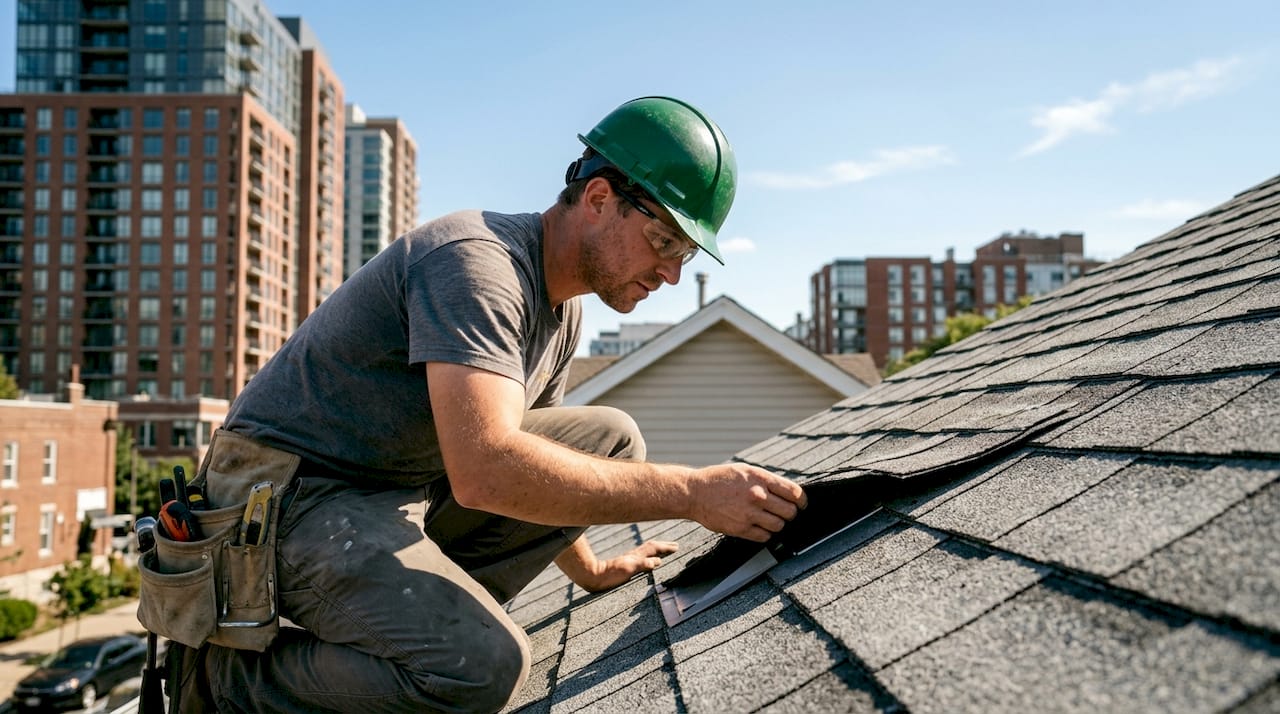Roofer inspecting roof installation details