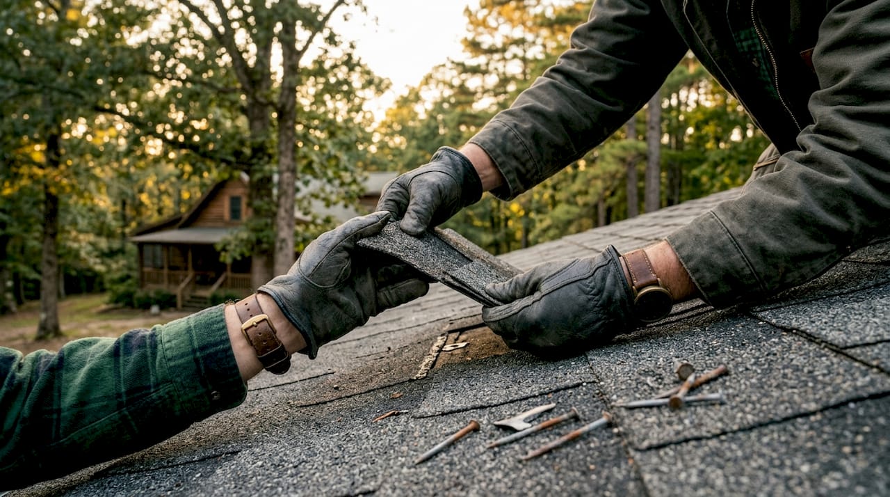 Hands examining loosened roof shingle damage
