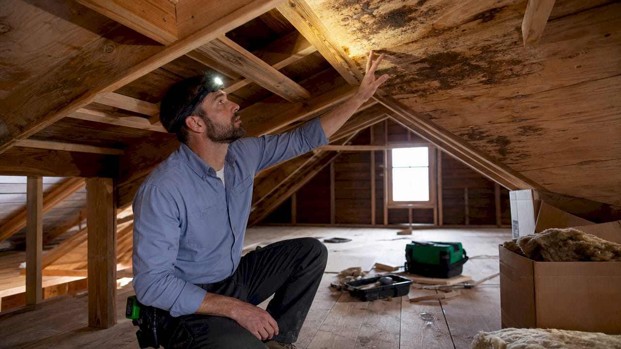 Contractor inspecting wet sagging attic ceiling