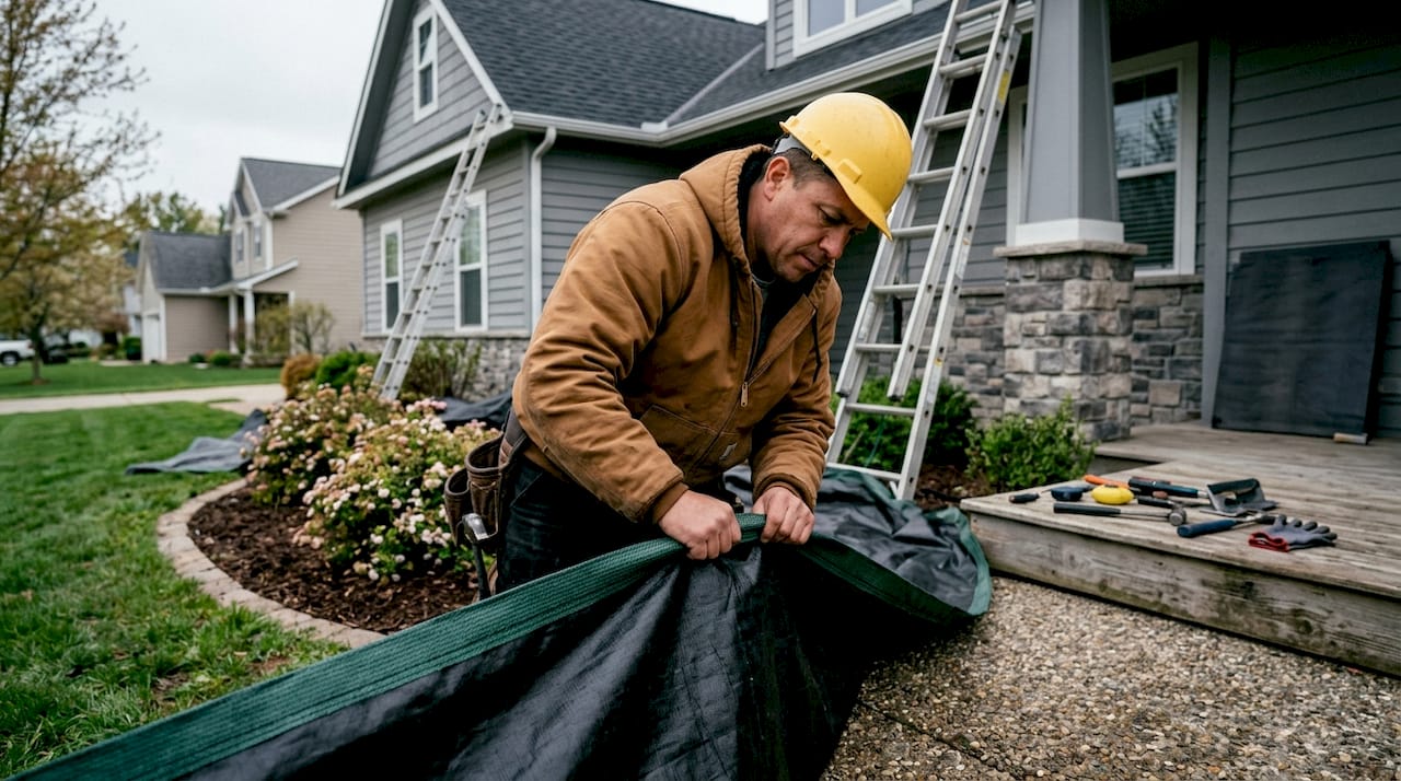Contractor installing landscaping protection tarps outdoors