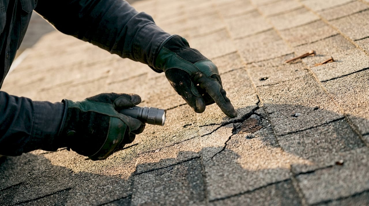 Close-up of inspector's hands checking cracked shingle