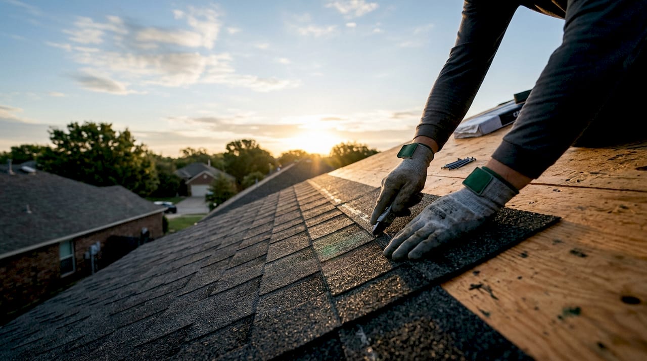 Hands securing impact-resistant roofing shingles on roof