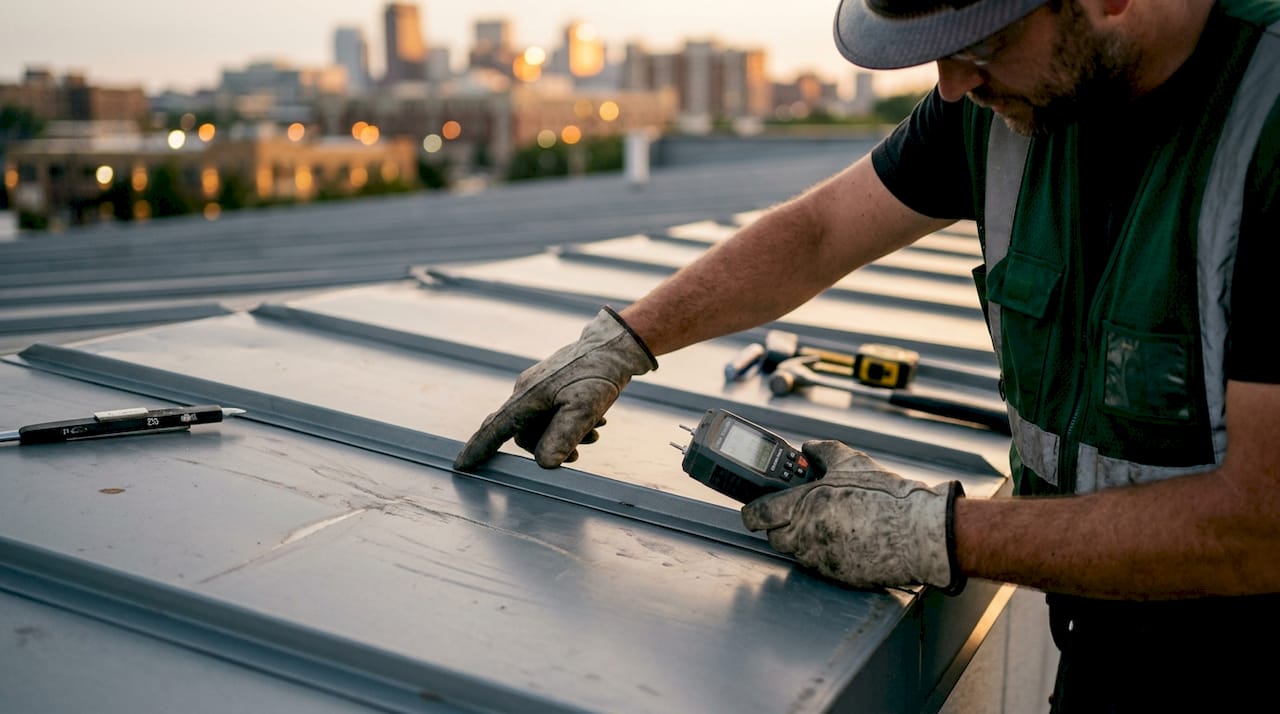 Contractor inspecting commercial roof materials