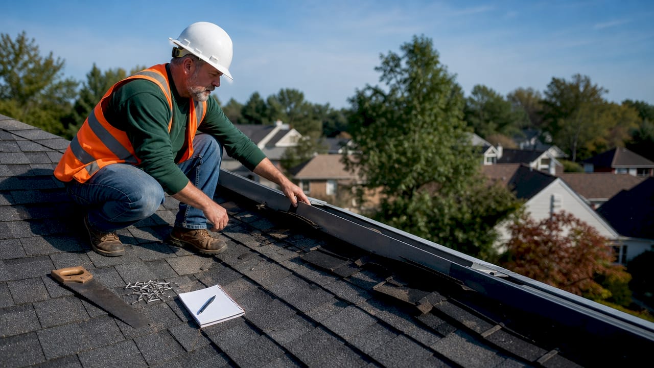 Roofing contractor inspecting damaged shingles on roof