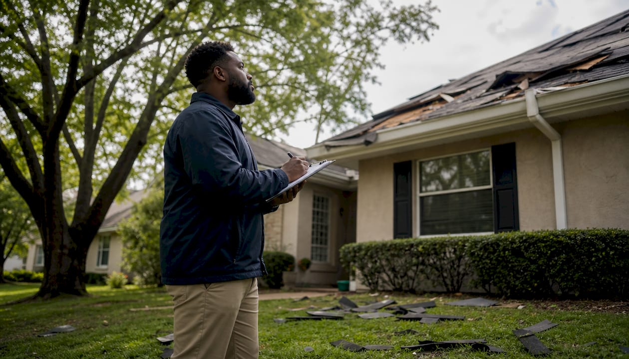 Insurance adjuster inspecting storm damage roof