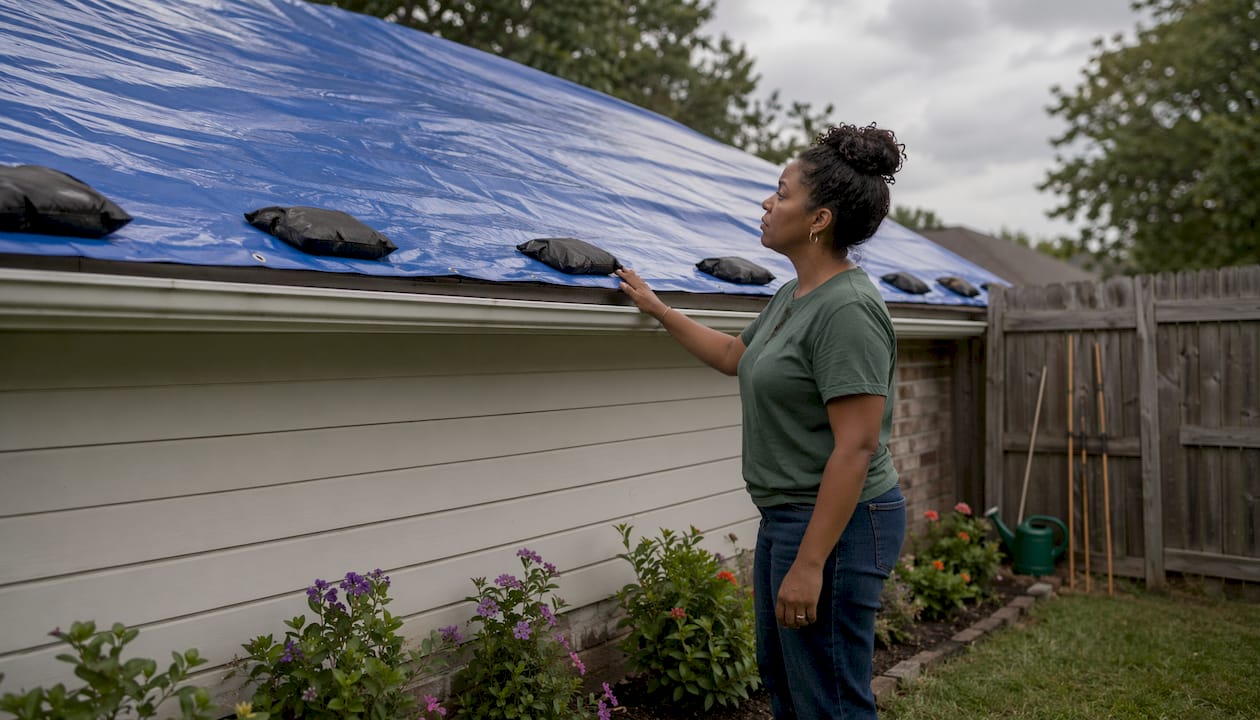 Homeowner inspecting securely tarped roof outdoors