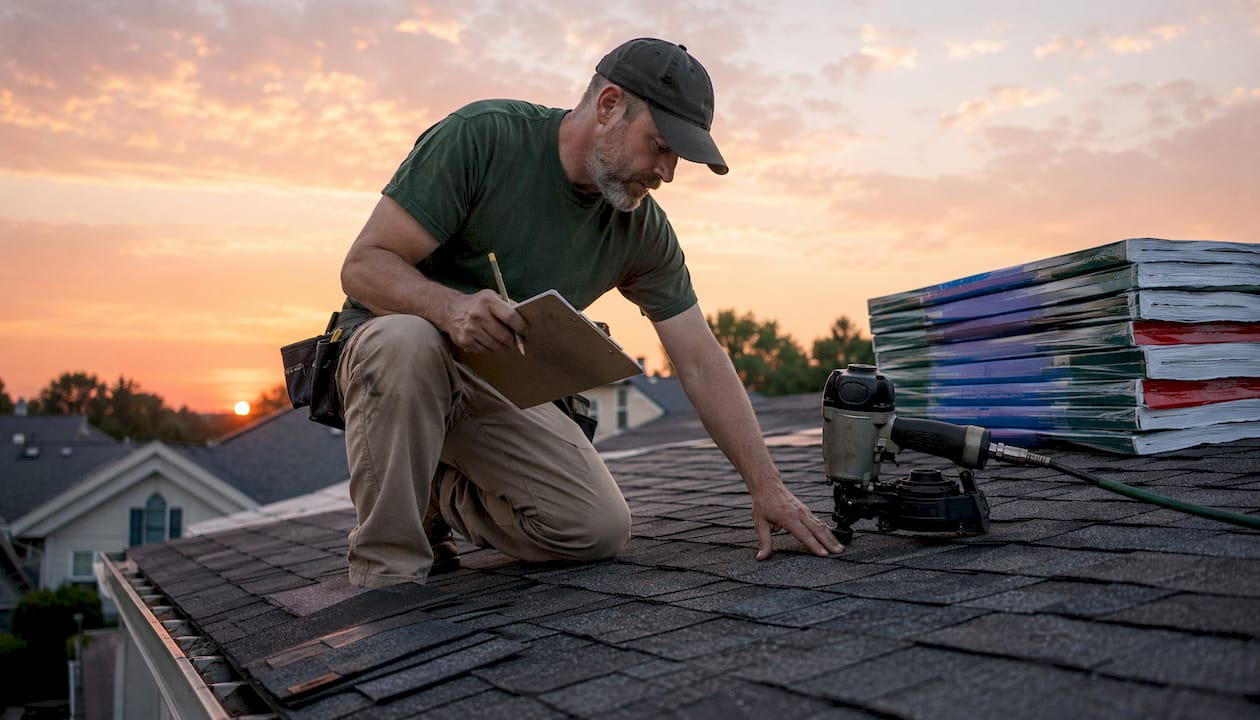 Roofing contractor inspecting shingles on roof