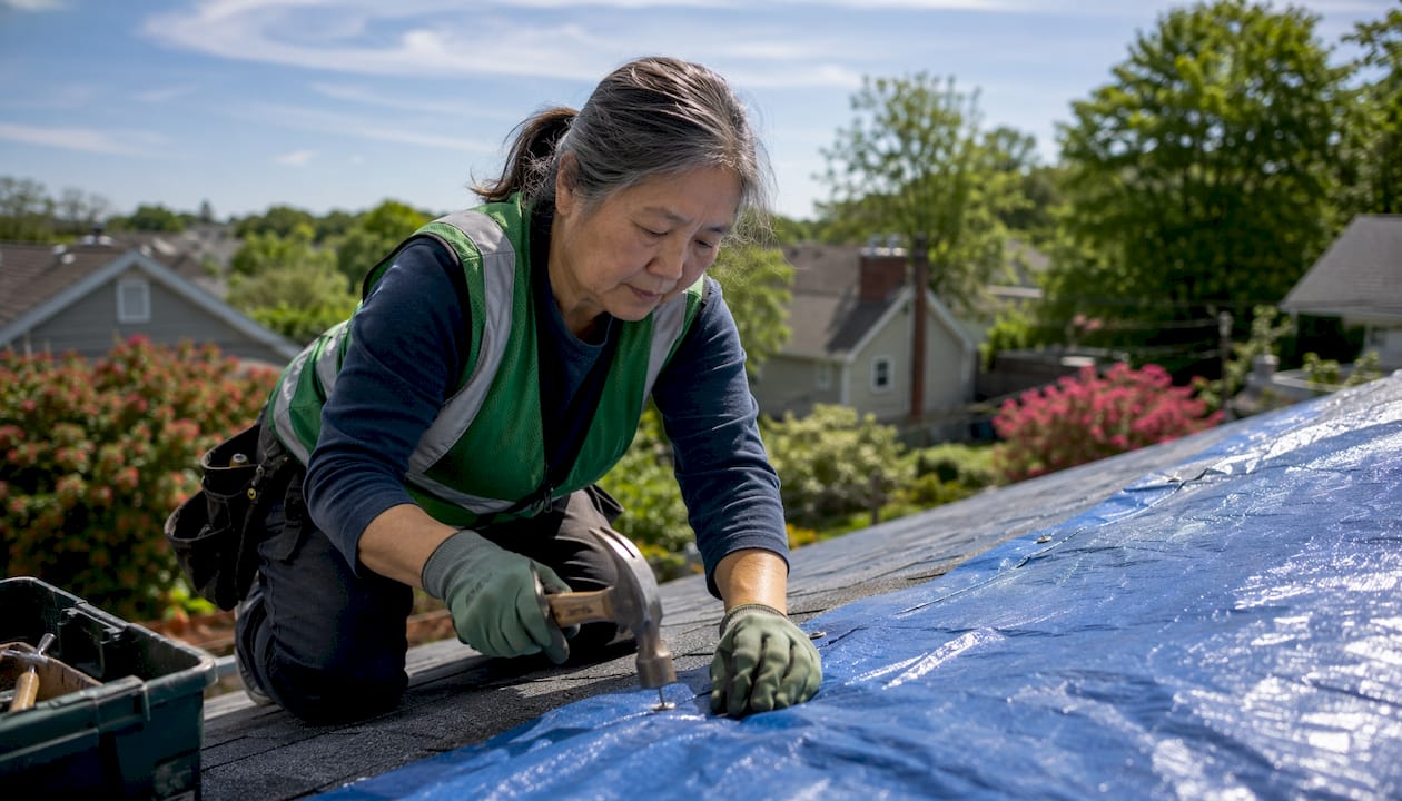 Roofer applying protective tarp on damaged roof