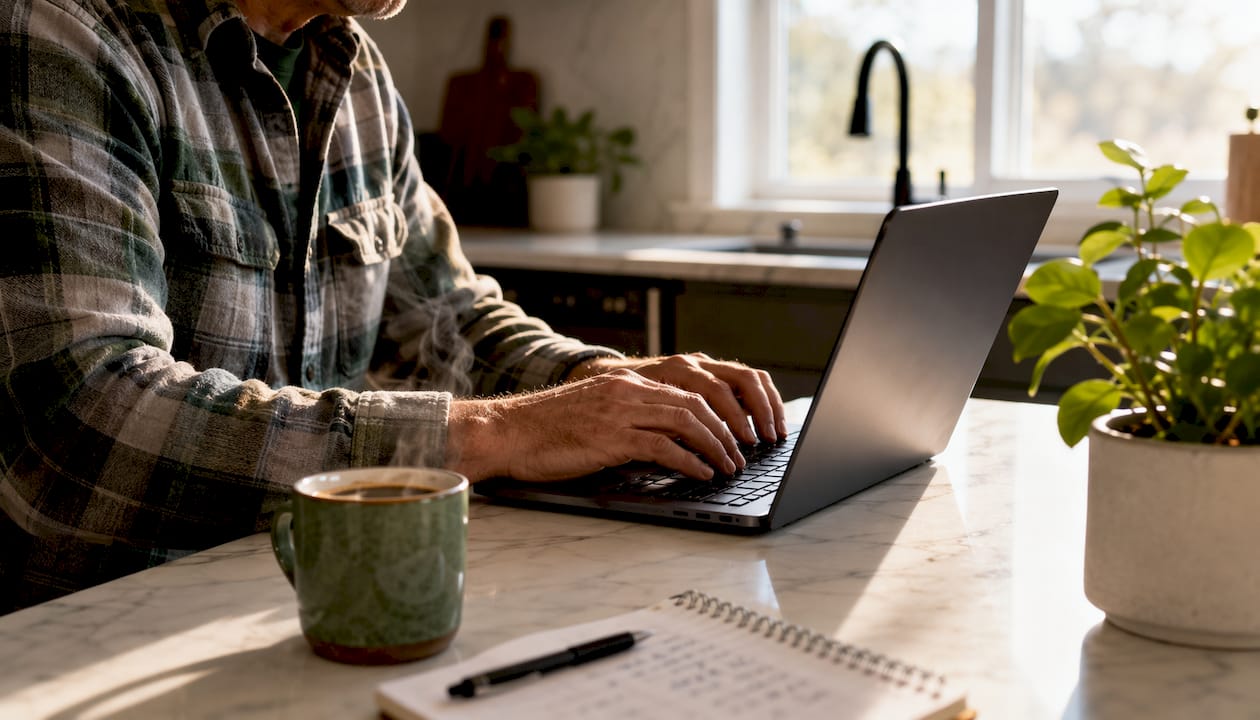 Hands typing roof repair log on laptop