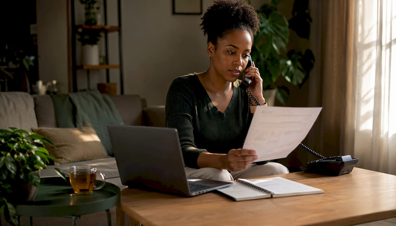 Woman verifying roofing insurance over phone