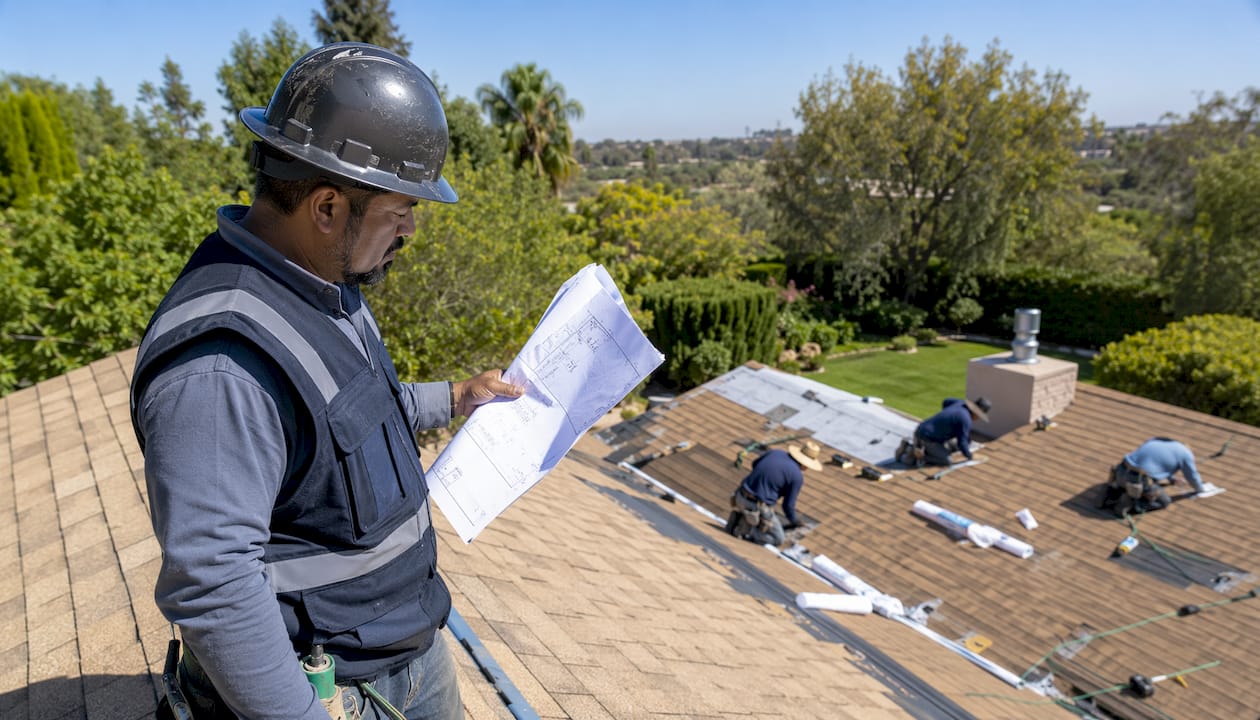Roofer reviewing insurance paperwork on roof
