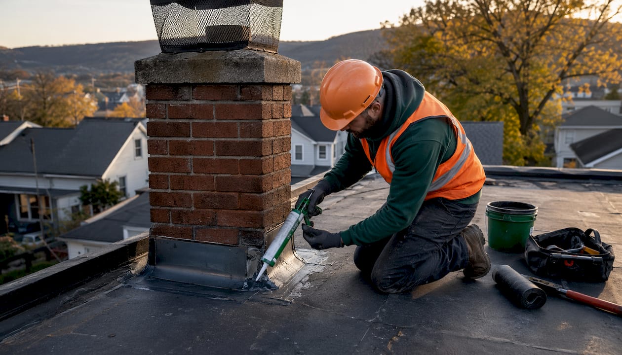 Roofer applying sealant on flashing