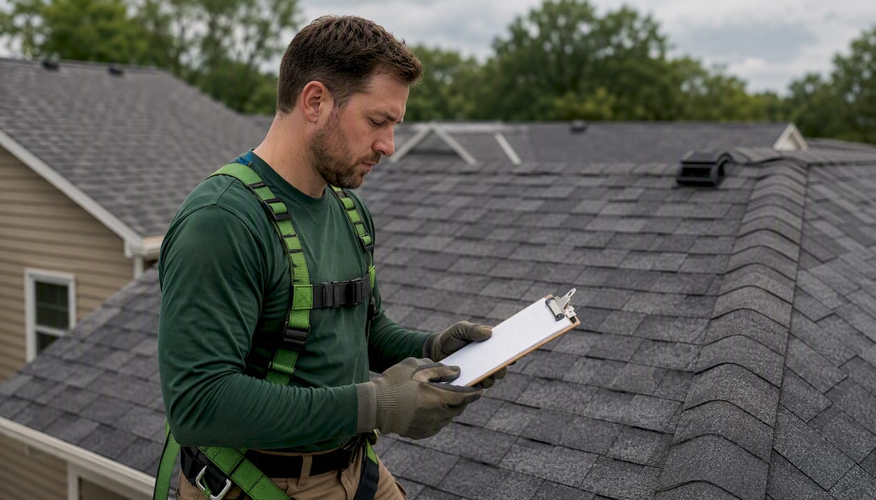 Inspector holding roofing checklist on roof