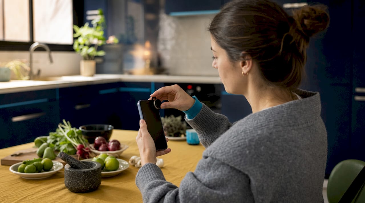 Hands attaching wide-angle lens to smartphone