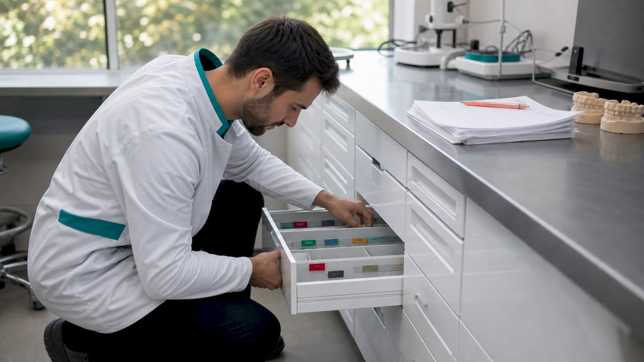 Technician verifying dental lab purchase orders