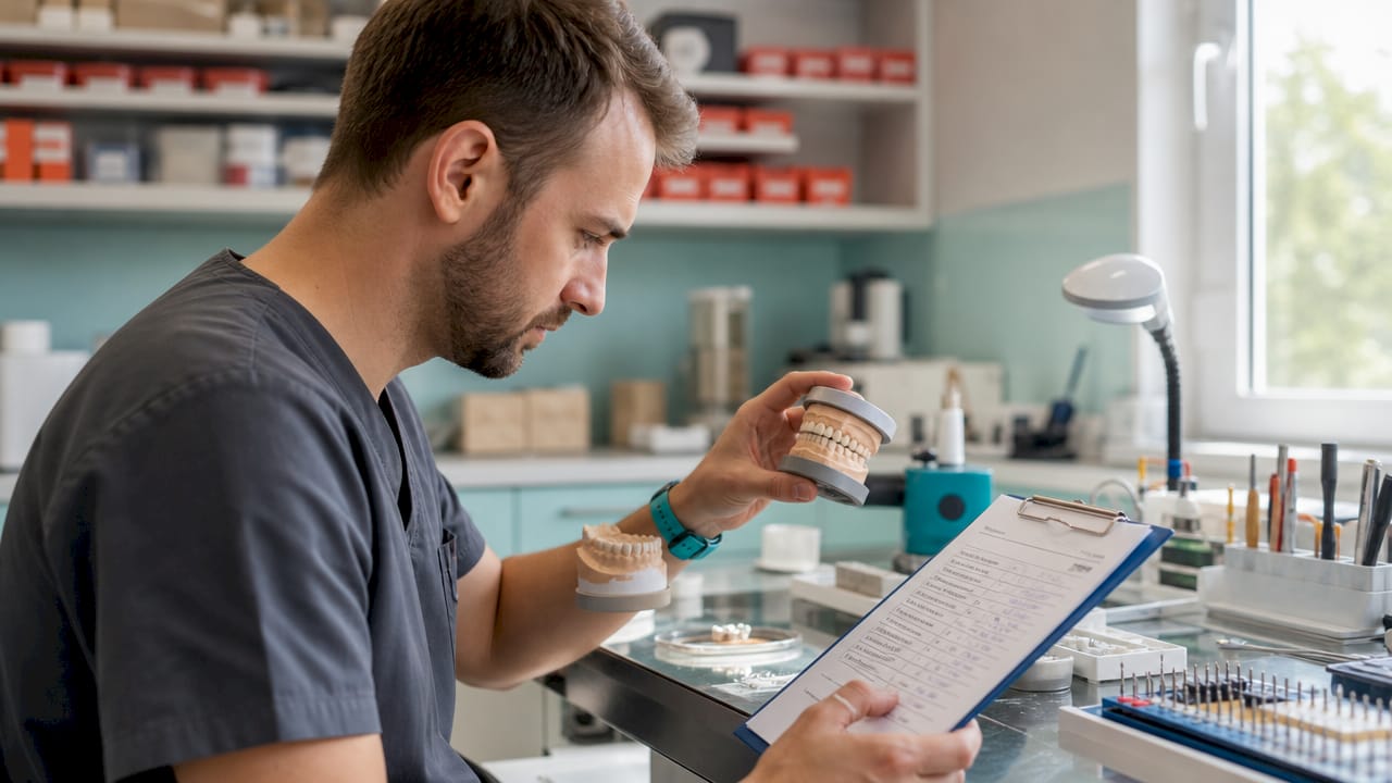 Dental technician hands checking quality control list