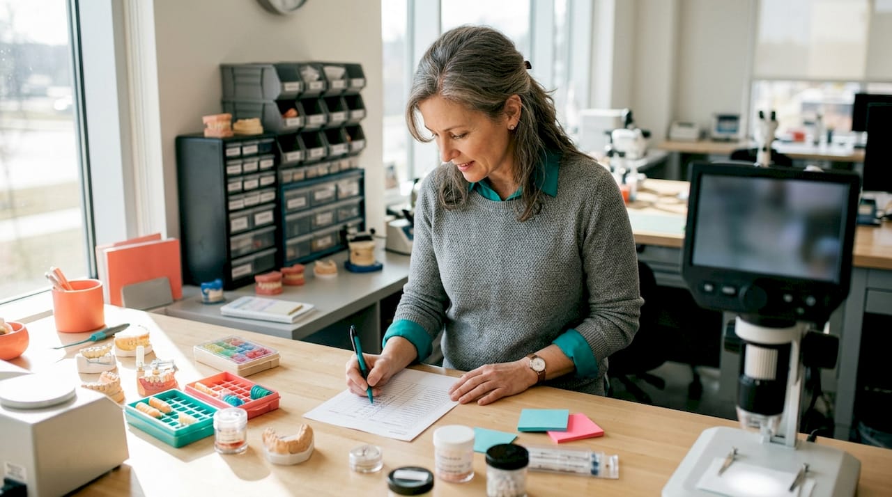 Dental lab manager reviewing checklist at desk