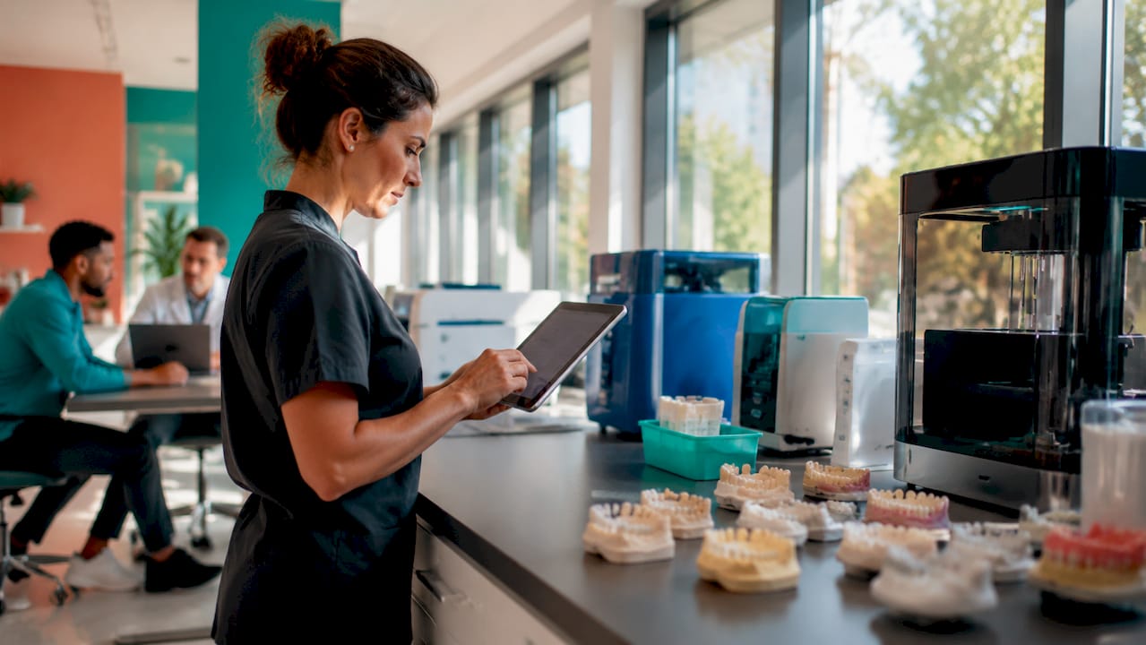 Dental technician reviewing digital dental case files
