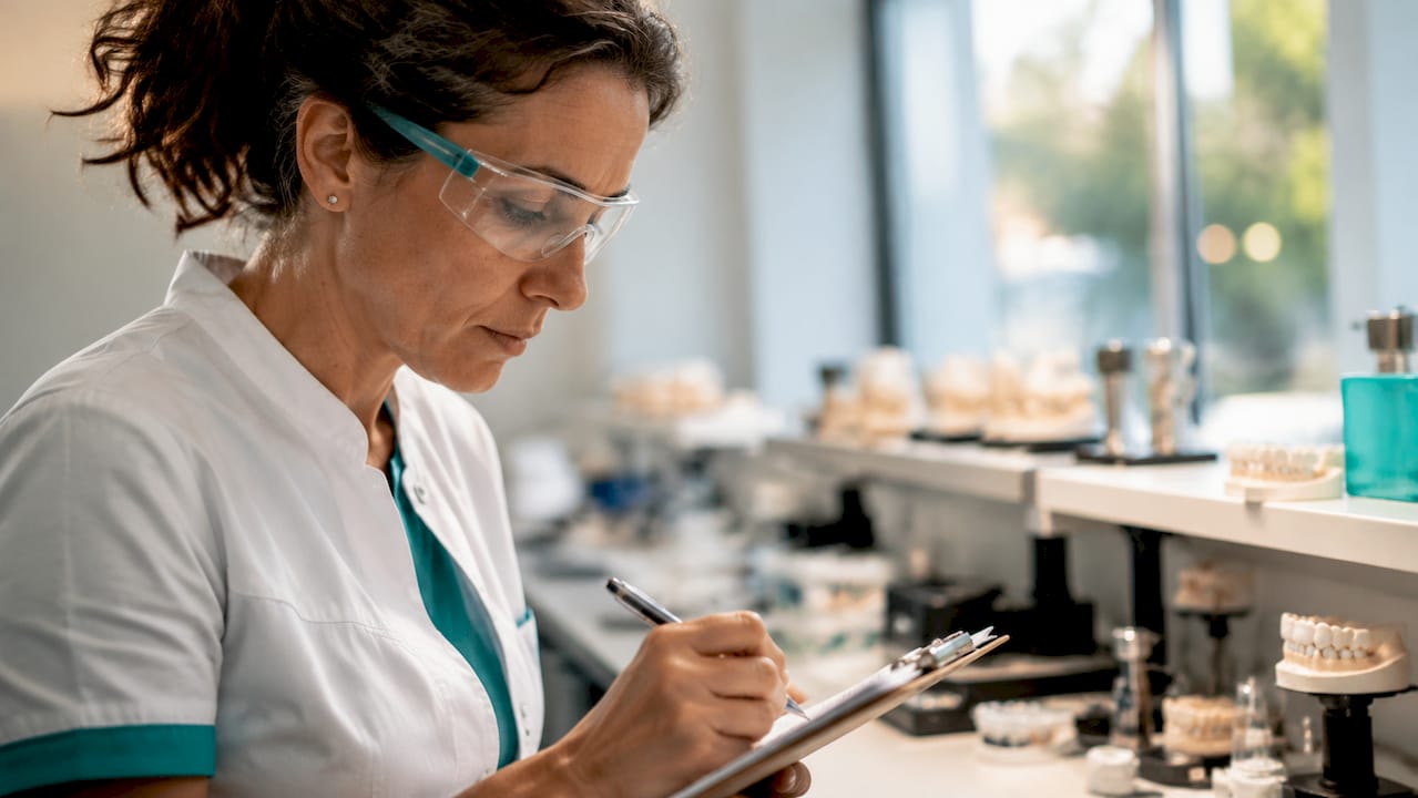 Dental technician taking notes on lab performance