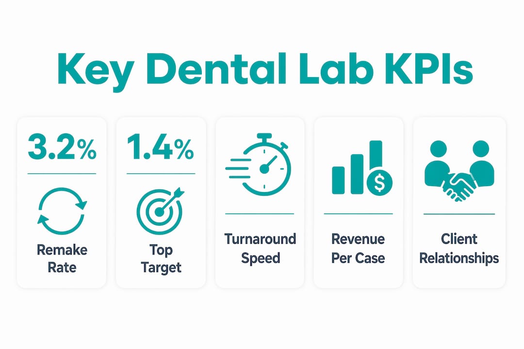 Infographic showing key dental lab KPI metrics