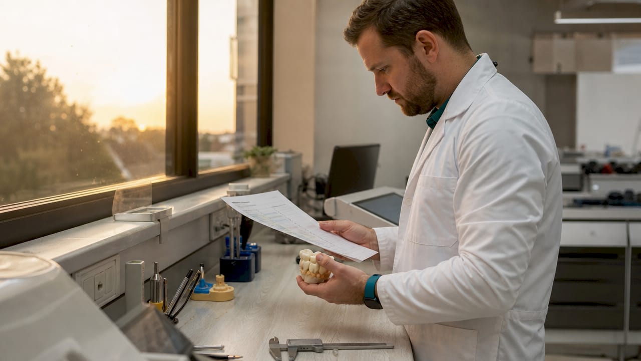 Hands sorting dental workflow audit sheets