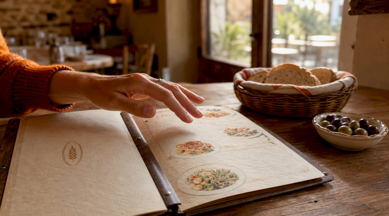 Simboli a forma di mano che segnalano i piatti certificati all'interno del menu