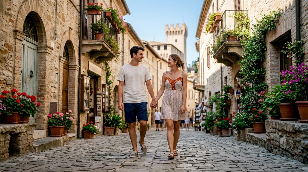 Una coppia si gode una passeggiata romantica tra le suggestive viuzze del borgo medievale di Gradara.