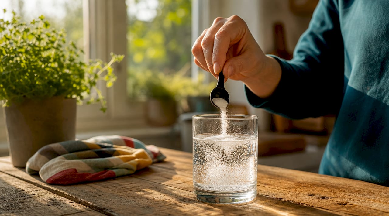 Elektrolytenpoeder oplossen in een glas water