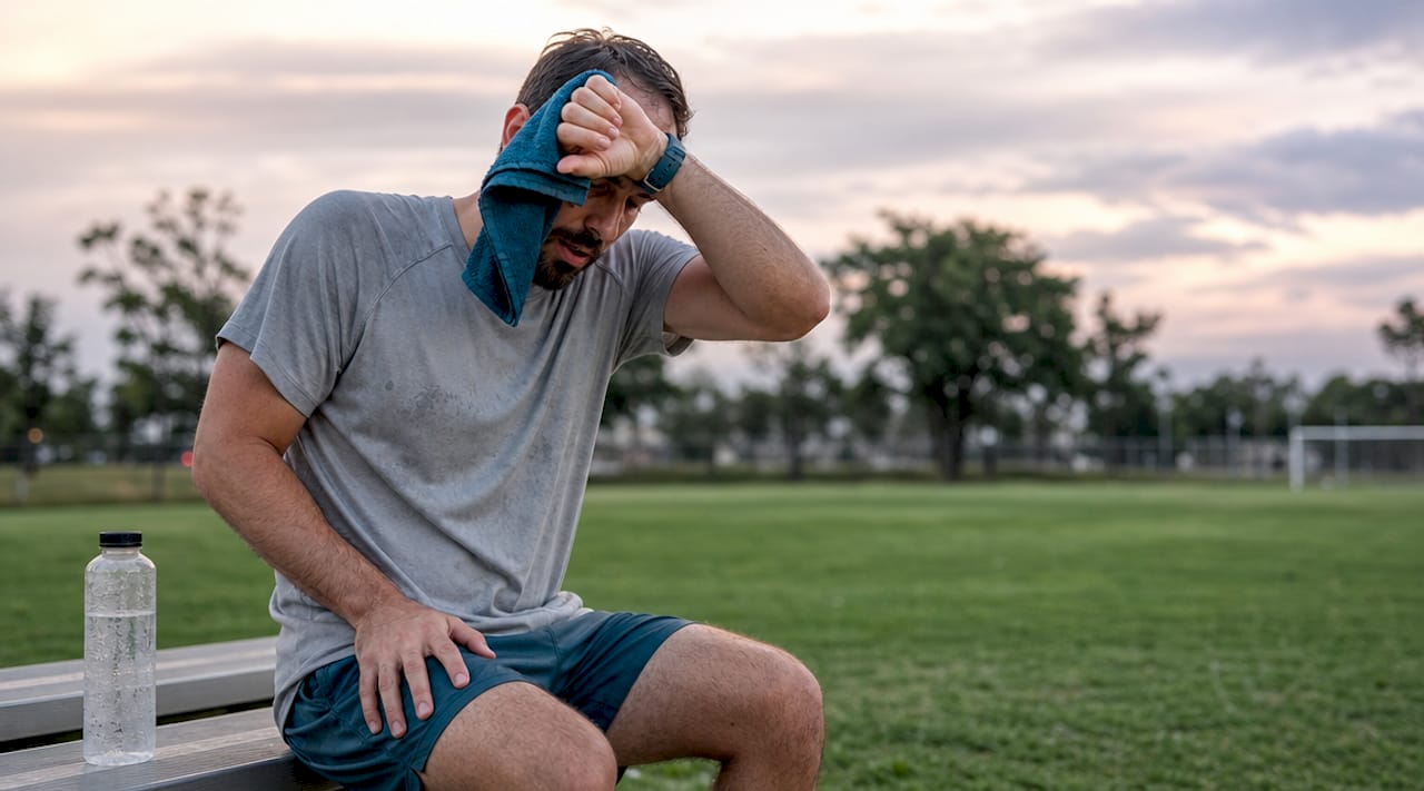 Na een intensieve training buiten veegt de sporter het zweet van zijn gezicht.