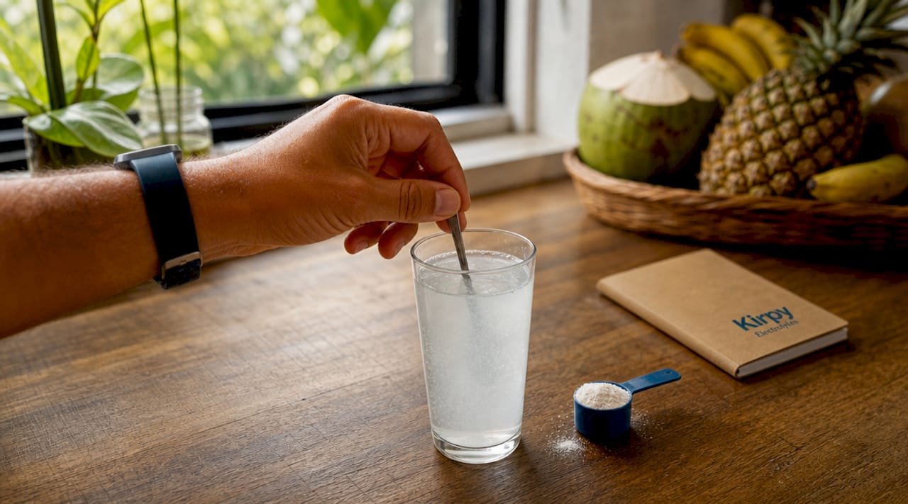 Een hand roert een sportdrankje met elektrolyten door in een glas.