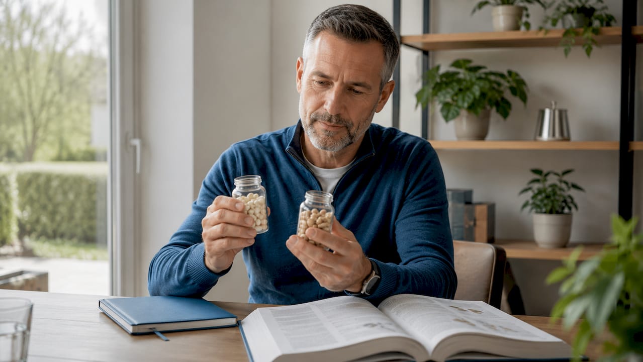 Twee handen die potjes met magnesium- en calciumtabletten vasthouden.