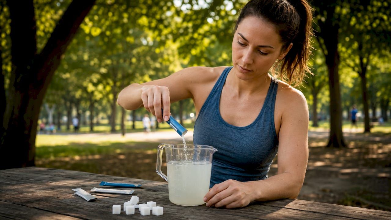 Handen die de suikerwaarde van een sportdrank controleren
