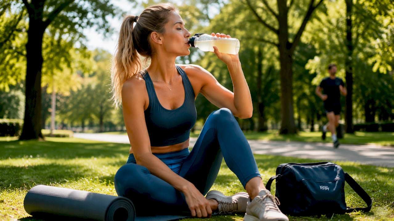 Na haar workout neemt een vrouw een sportdrankje met elektrolyten om weer op kracht te komen.