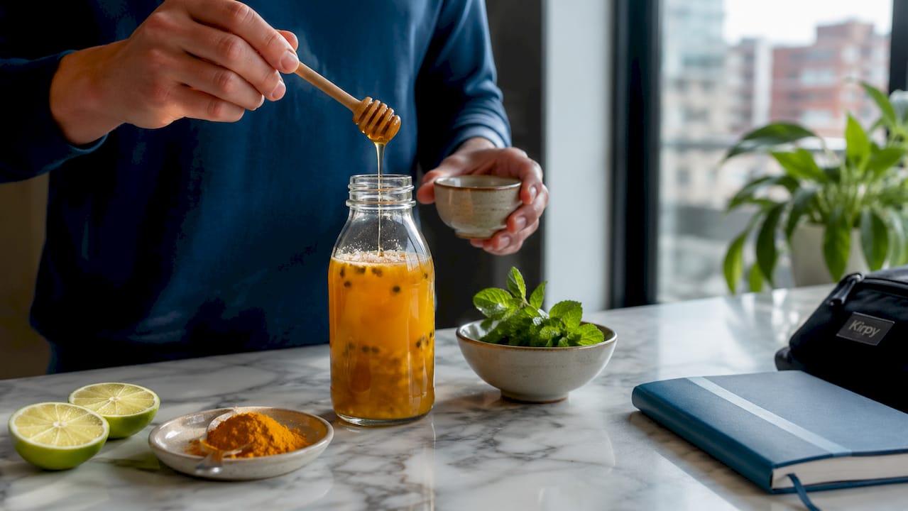 Met de handen een koolhydraatrijke herstelshake klaarmaken