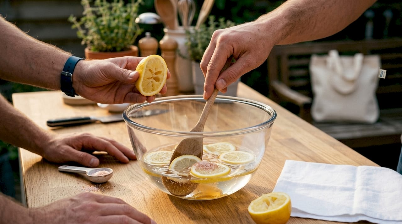 Handen die verse, natuurlijke ingrediënten samenvoegen om een sportdrank te maken