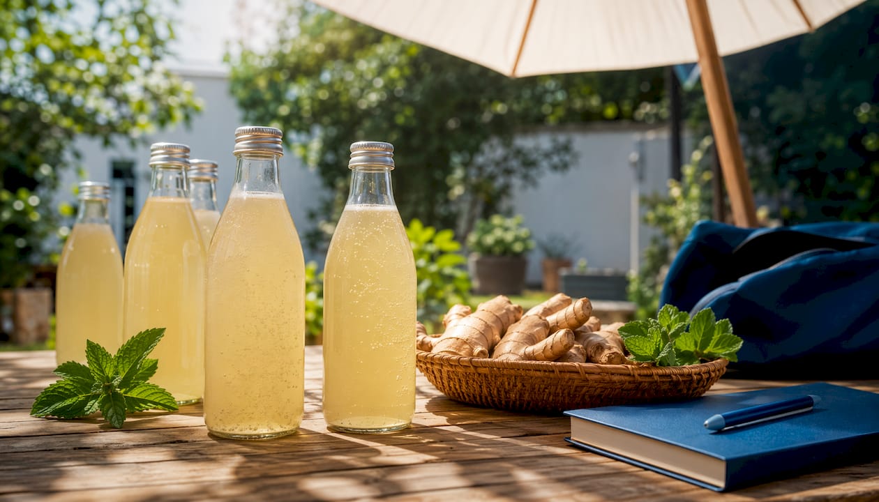 Glazen flesjes met probiotische drank, bereid met verse ingrediënten