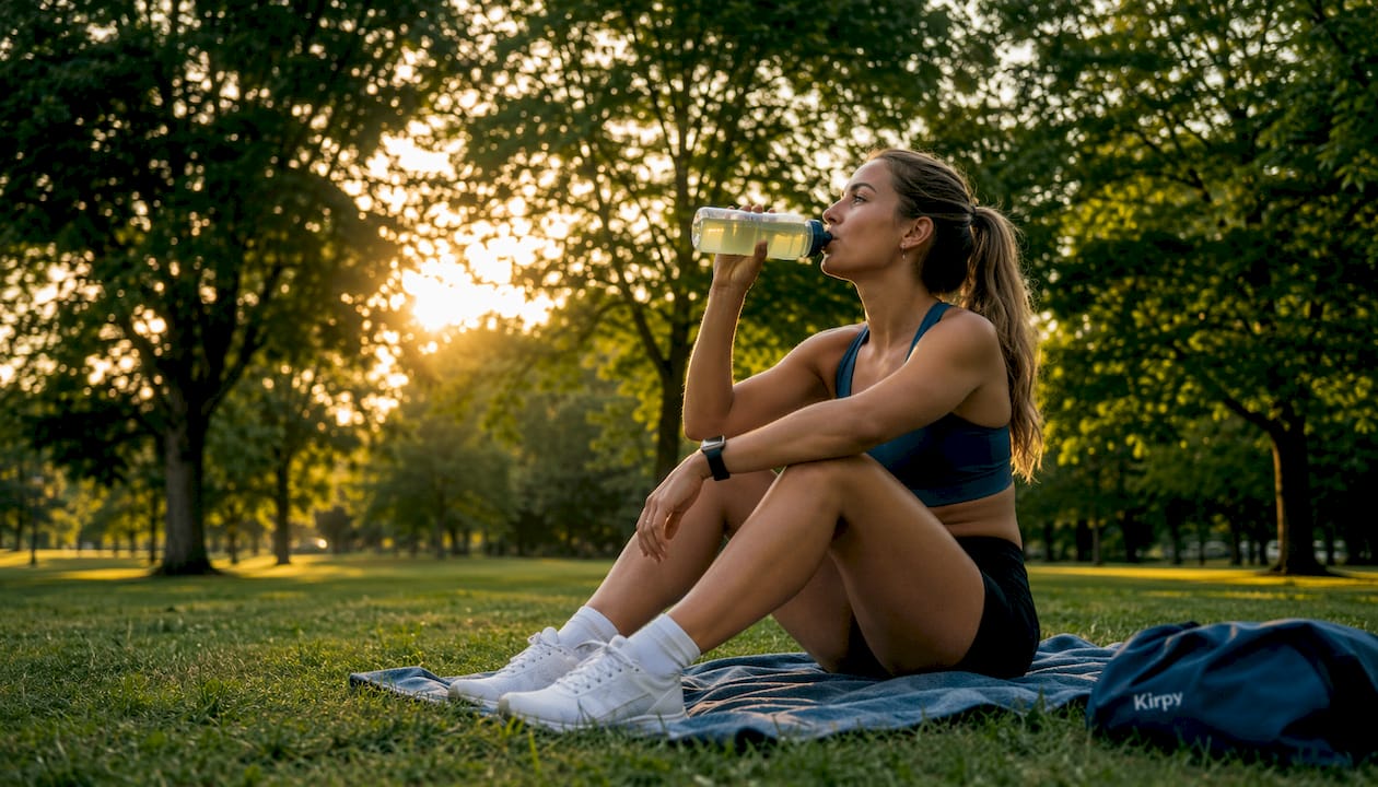Een vrouw geniet buiten van een korte pauze met een sportdrankje in haar hand.