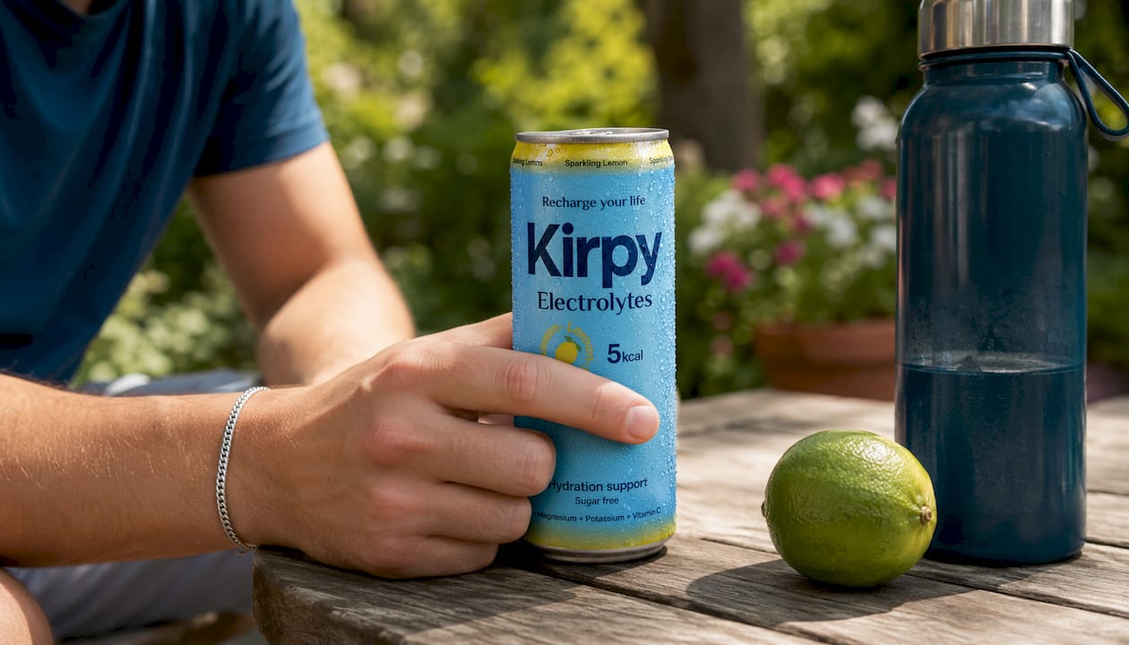 Een hand grijpt naar een ijskoude blik Kirpy Electrolyte drink.