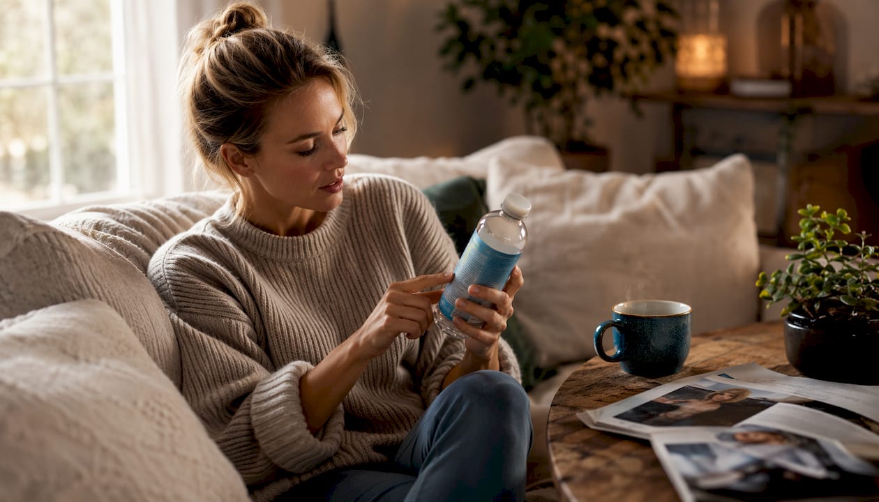 Handen die wijzen naar het etiket met de ingrediënten op een fles water