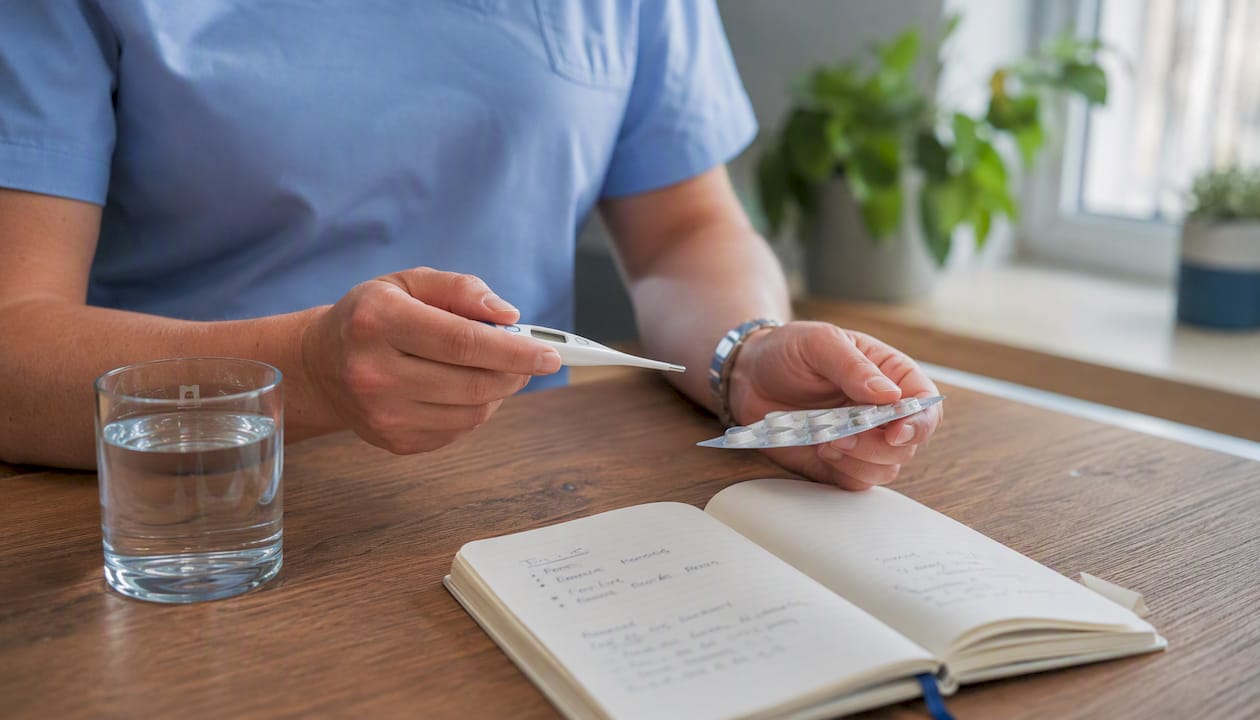 Een zorgverlener met een thermometer in de hand en een EHBO-koffer erbij.