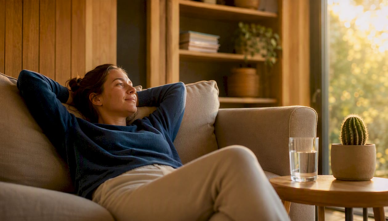 Man geniet van de rust in een sfeervolle, rustige slaapkamer