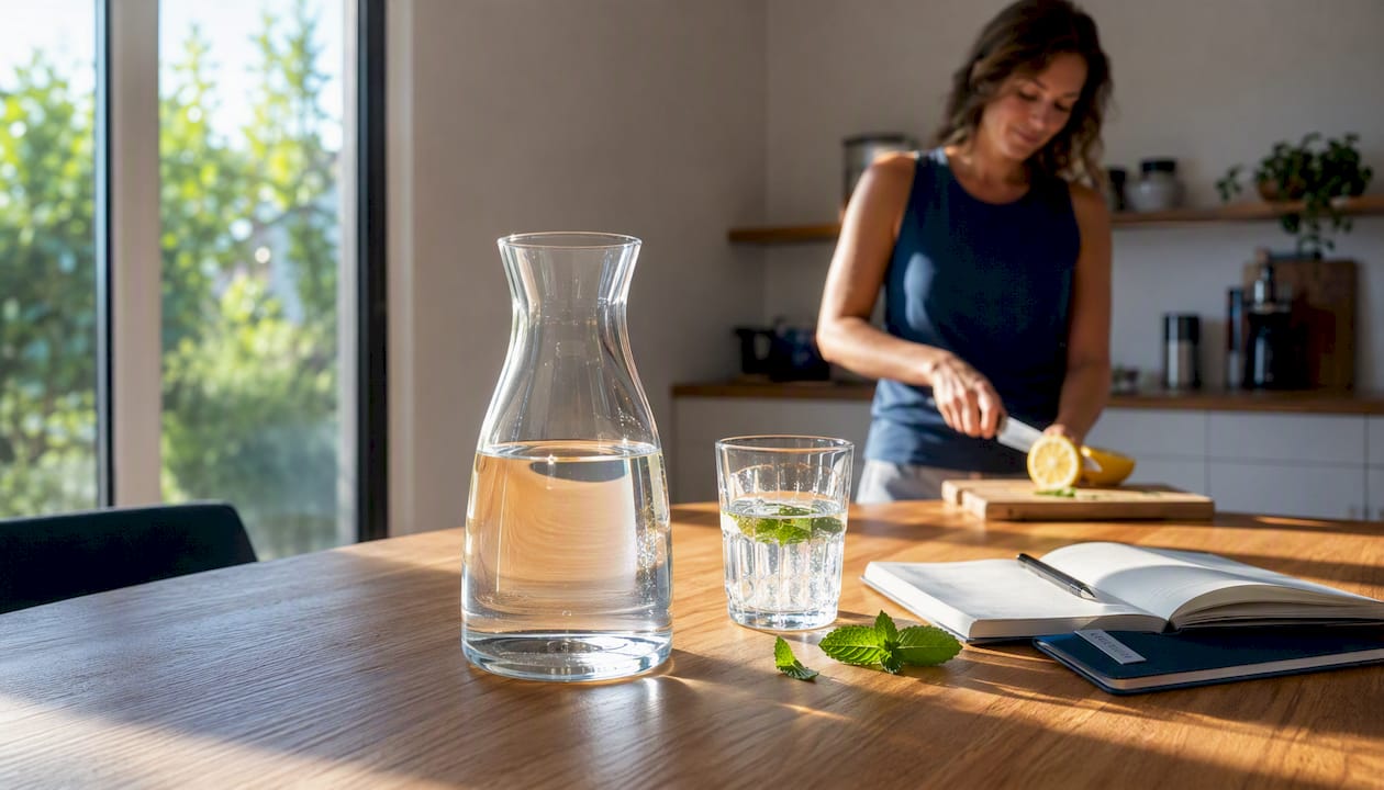 Een glas water bij mijn laptop en aantekeningen
