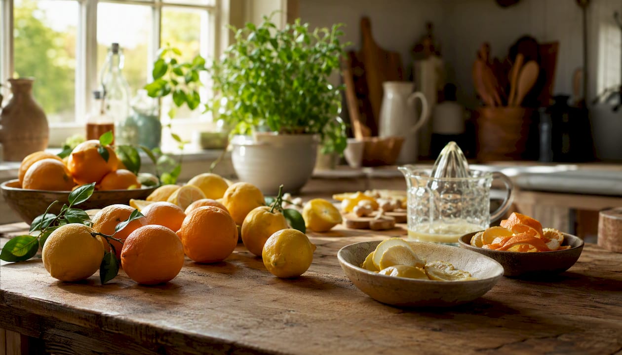 Verse schillen van citrusvruchten en pure etherische olie uit de schil