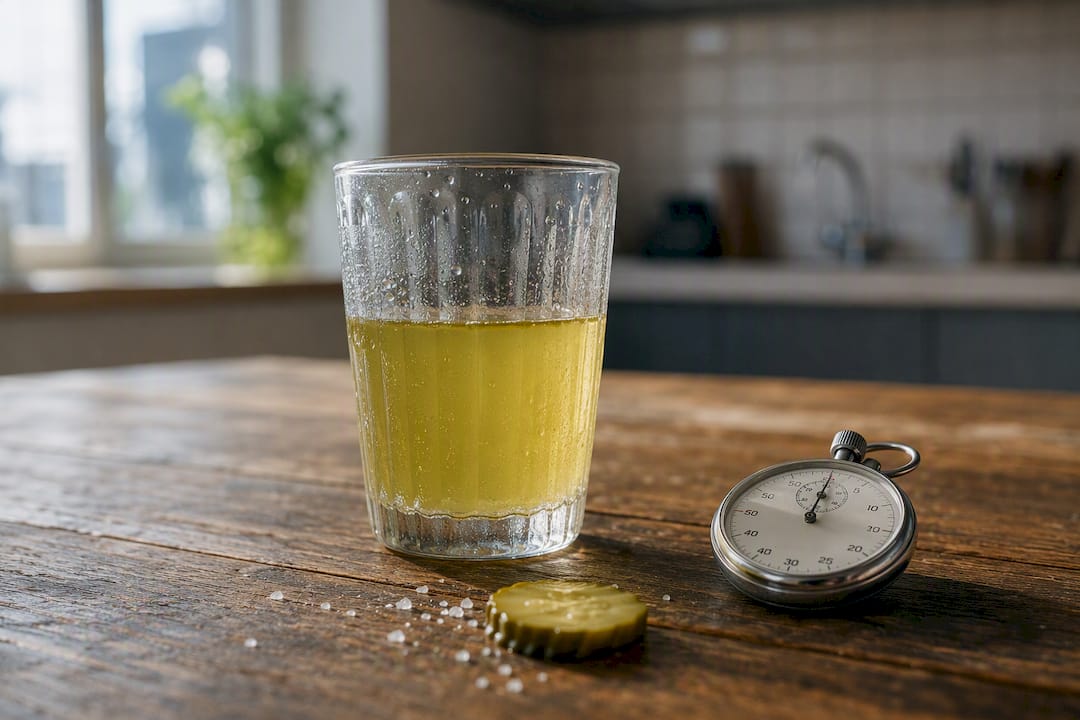 Glas met augurkenvocht en stopwatch op tafel