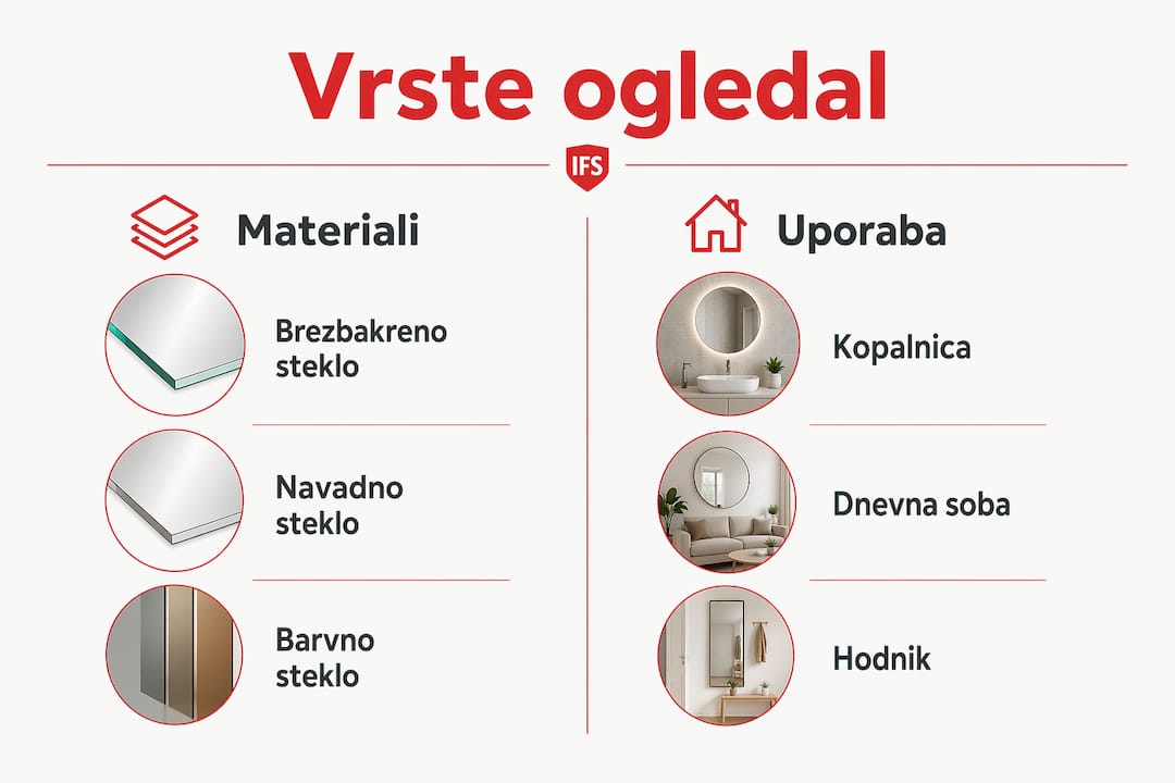 Na tej infografiki so prikazane različne vrste ogledal glede na materiale, iz katerih so izdelana, in njihovo namembnost.
