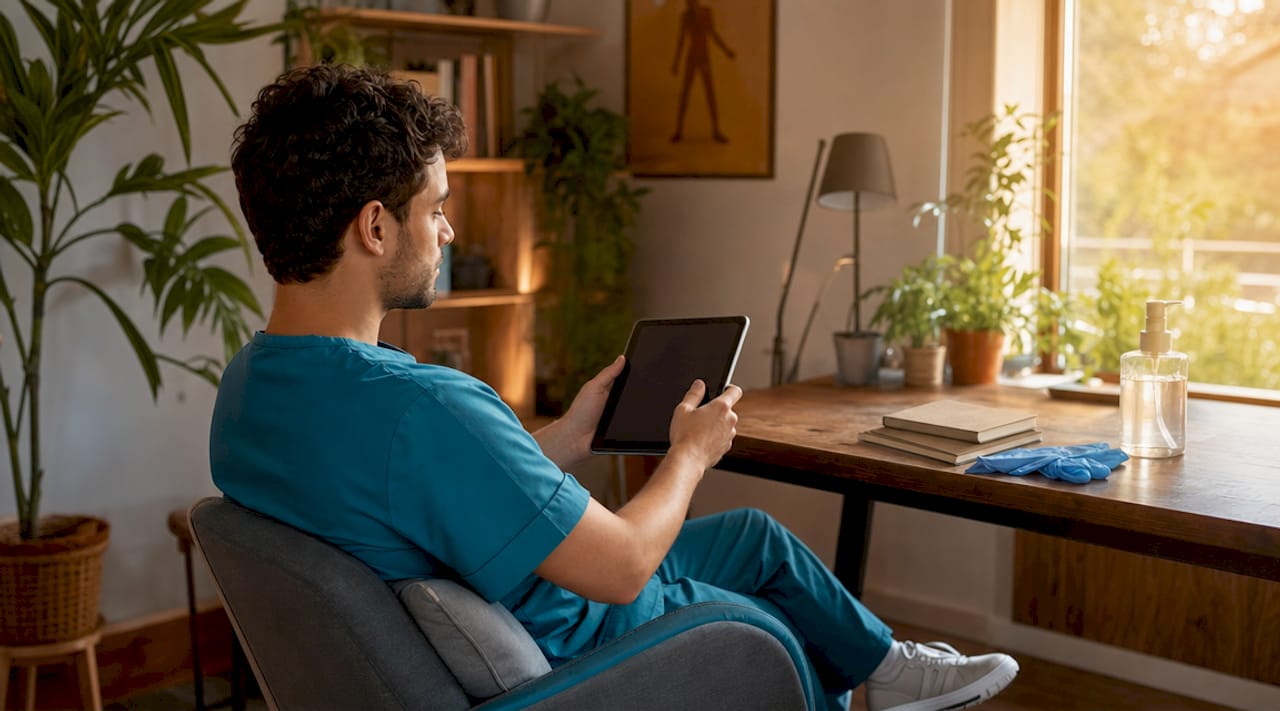 Les mains du kinésithérapeute s’activent pour préparer le matériel de télésanté.